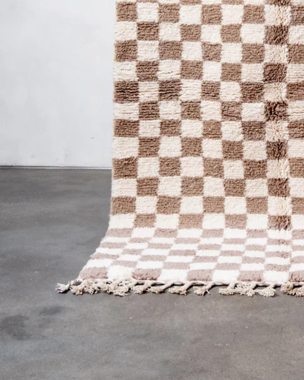 Handwoven Moroccan Shag Rug: Neutral Brown Checkered Plush Rug