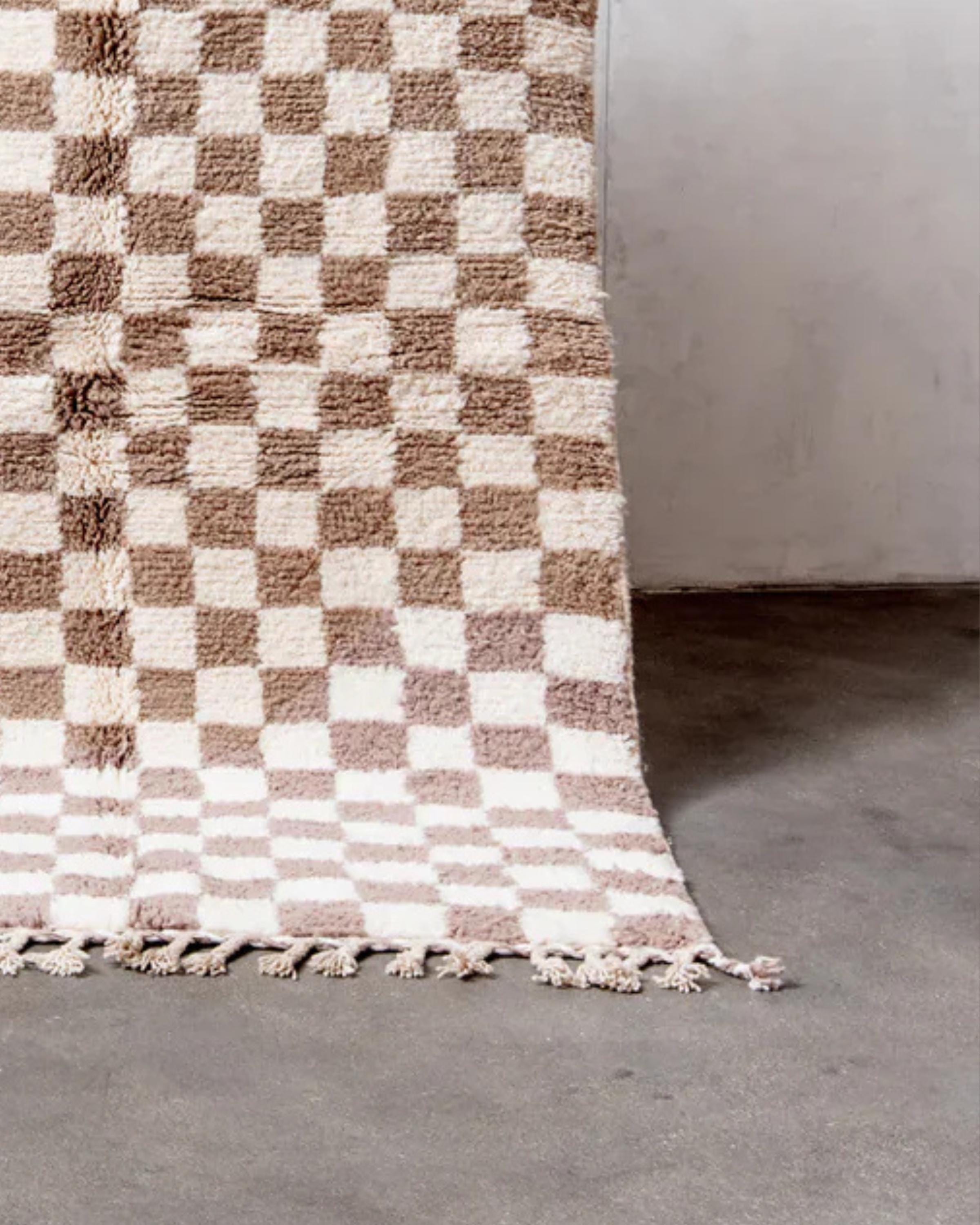 Handwoven Moroccan Shag Rug: Neutral Brown Checkered Plush Rug