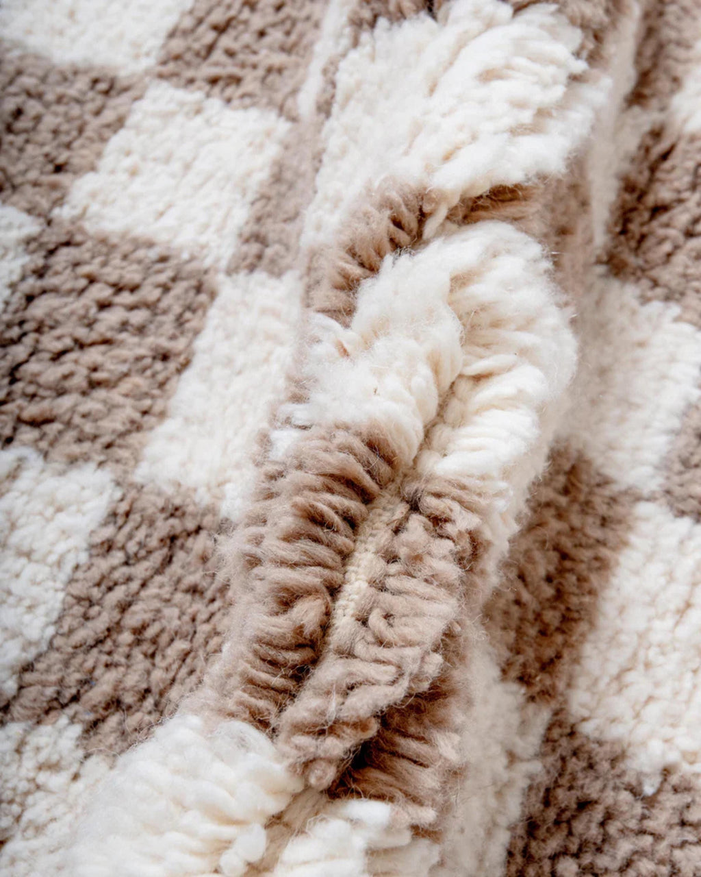 Handwoven Moroccan Shag Rug: Neutral Brown Checkered Plush Rug