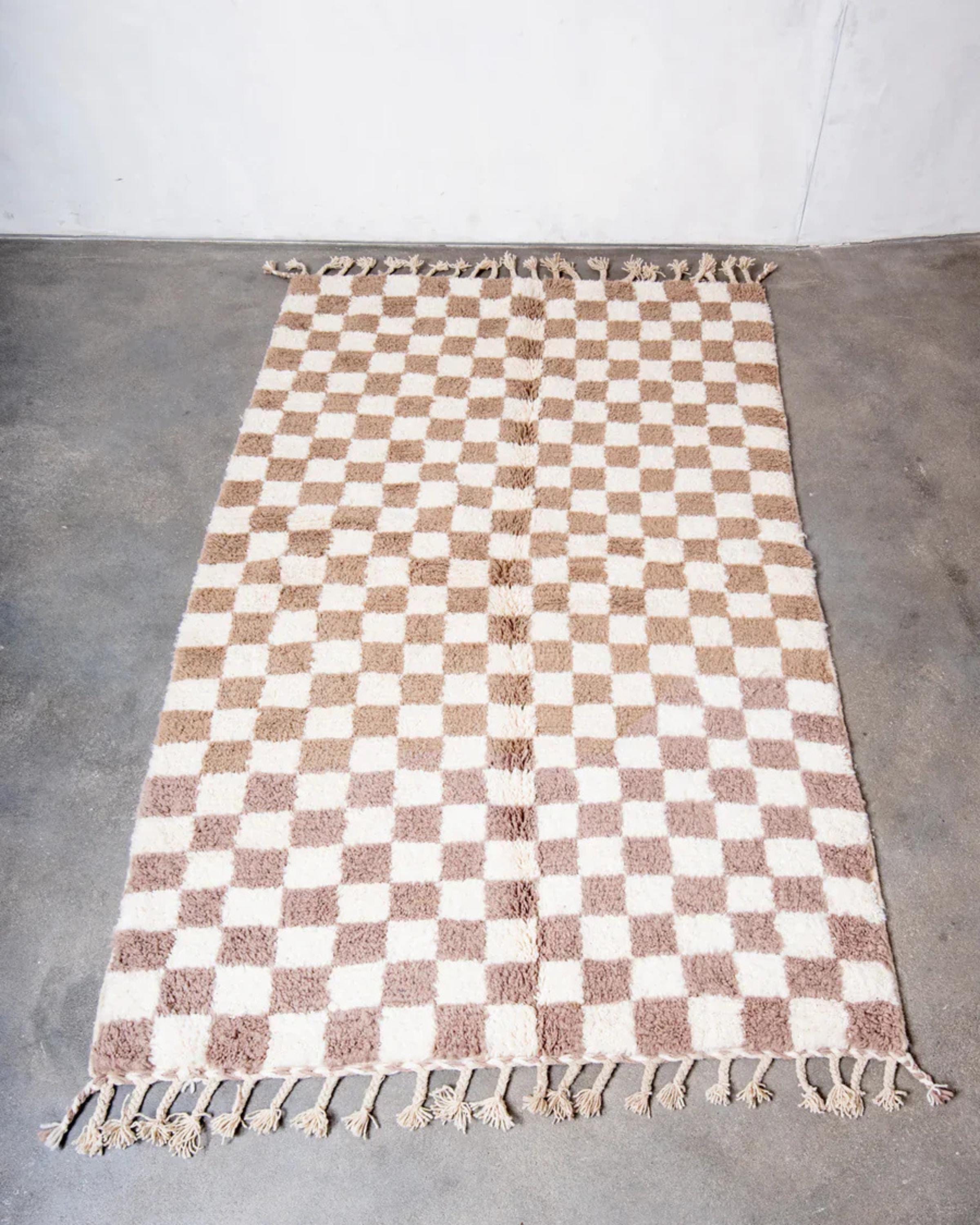 Handwoven Moroccan Shag Rug: Neutral Brown Checkered Plush Rug