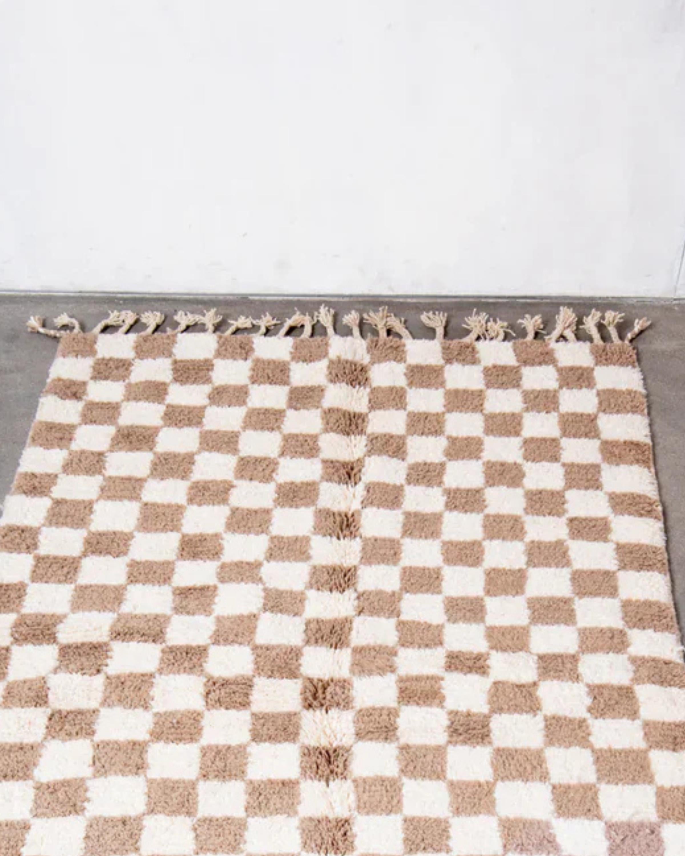 Handwoven Moroccan Shag Rug: Neutral Brown Checkered Plush Rug