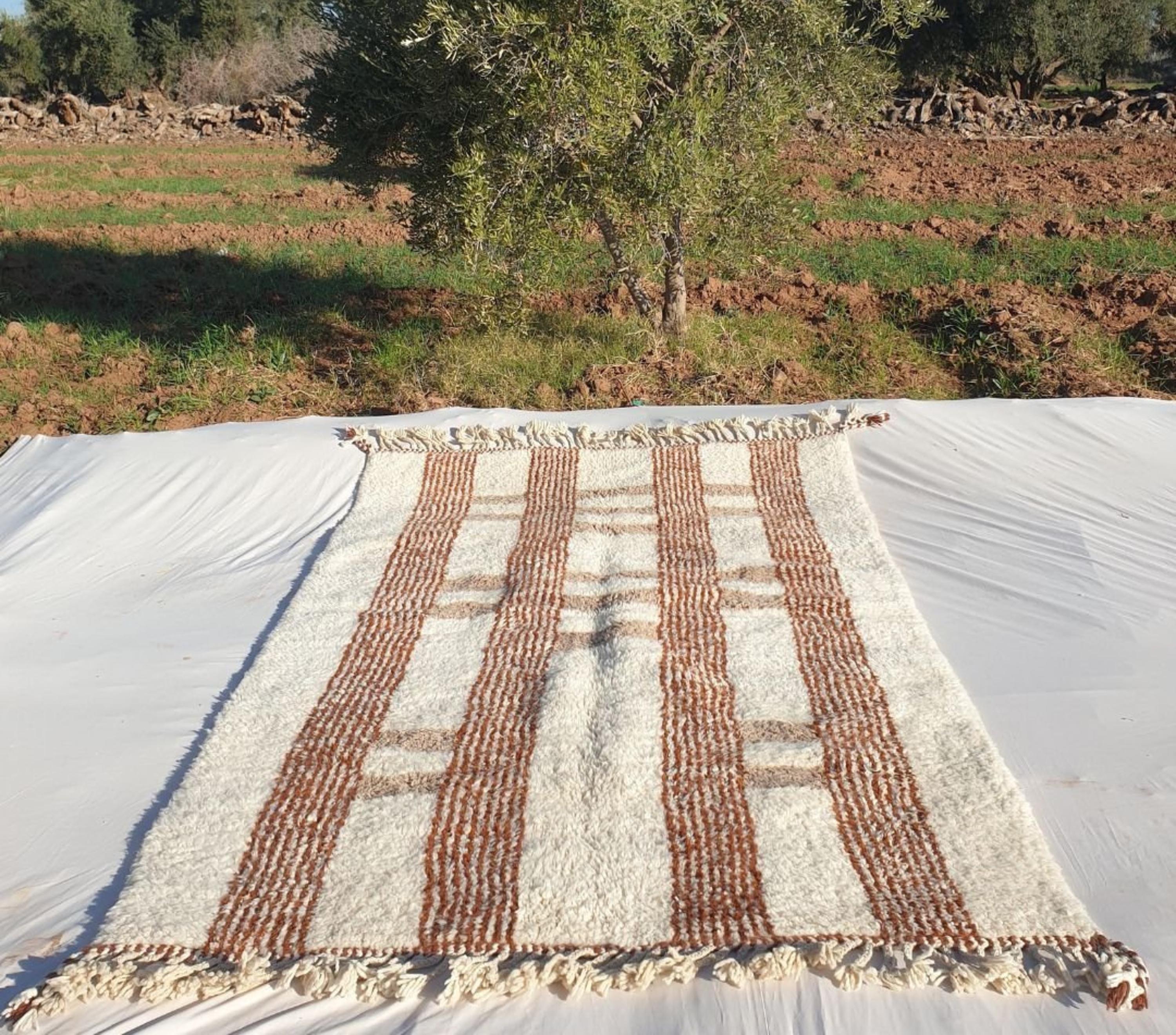 Salma, White & Brown Moroccan Striped Wool Rug