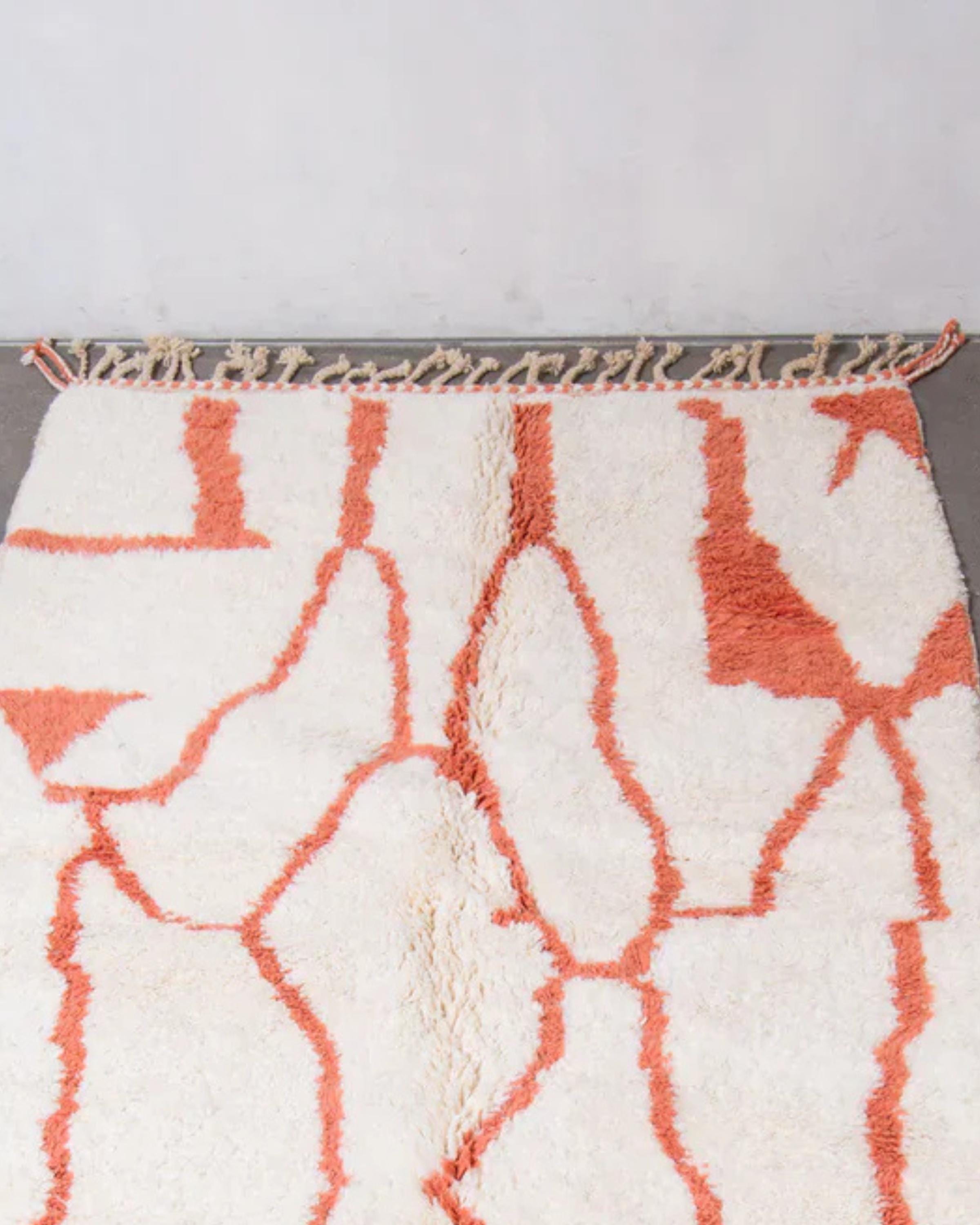 Handmade Orange & White Wool Rug: Shaggy Moroccan Beni Ourain Carpet