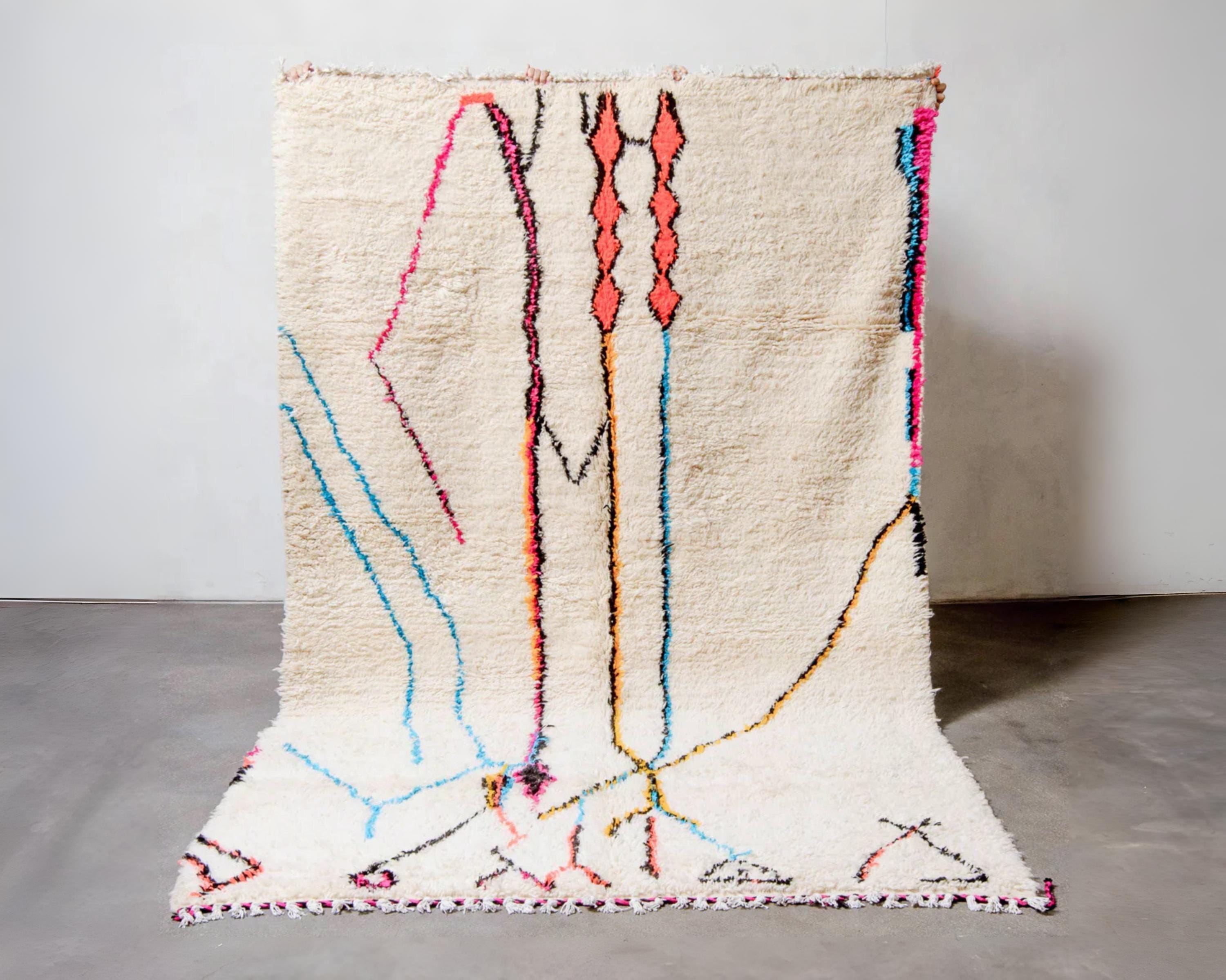 Handmade Beni Ourain Rug: White Moroccan Berber Wool Shag Rug