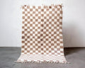 Handwoven Moroccan Shag Rug: Neutral Brown Checkered Plush Rug