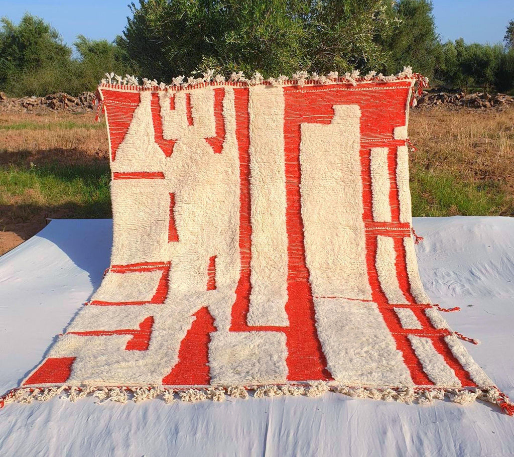 Hand Tufted Moroccan Rug: Orange & White Bohemian Berber Rug