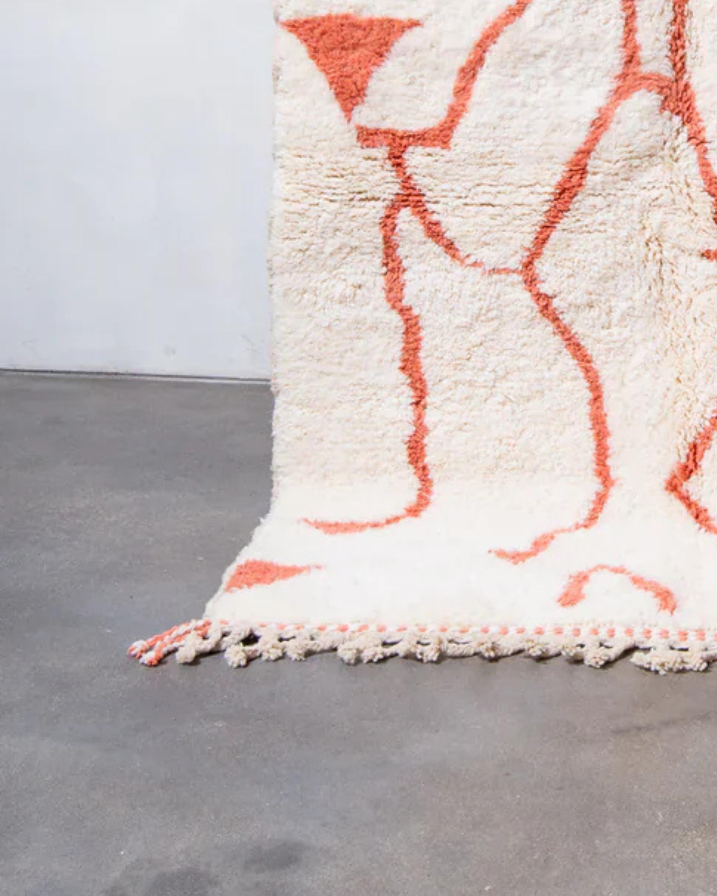 Handmade Orange & White Wool Rug: Shaggy Moroccan Beni Ourain Carpet