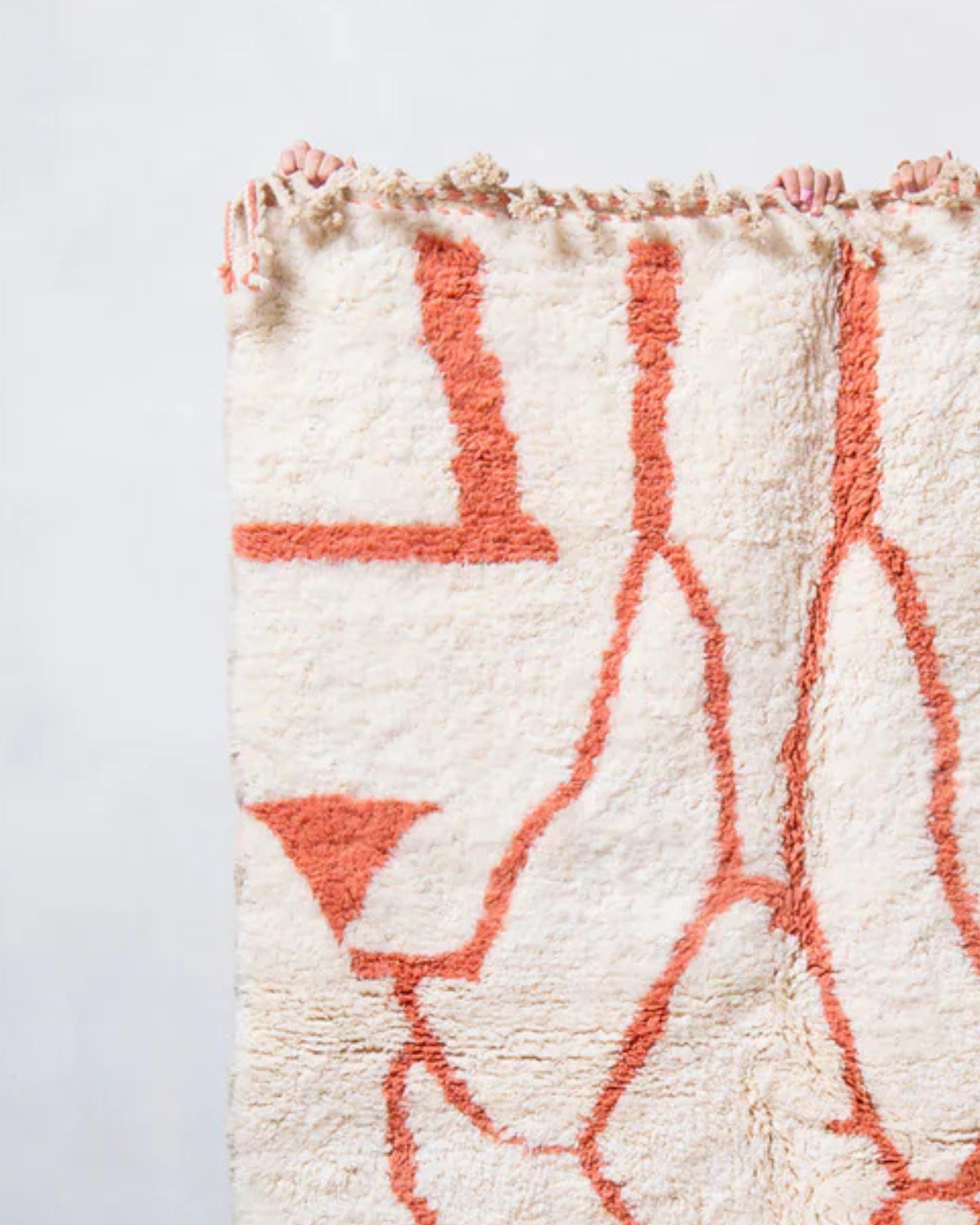 Handmade Orange & White Wool Rug: Shaggy Moroccan Beni Ourain Carpet