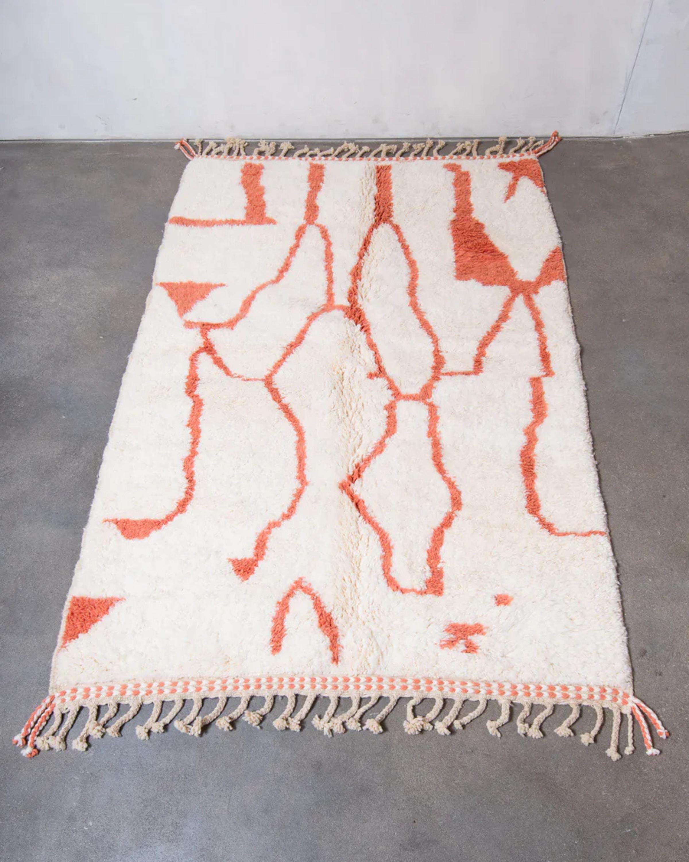 Handmade Orange & White Wool Rug: Shaggy Moroccan Beni Ourain Carpet