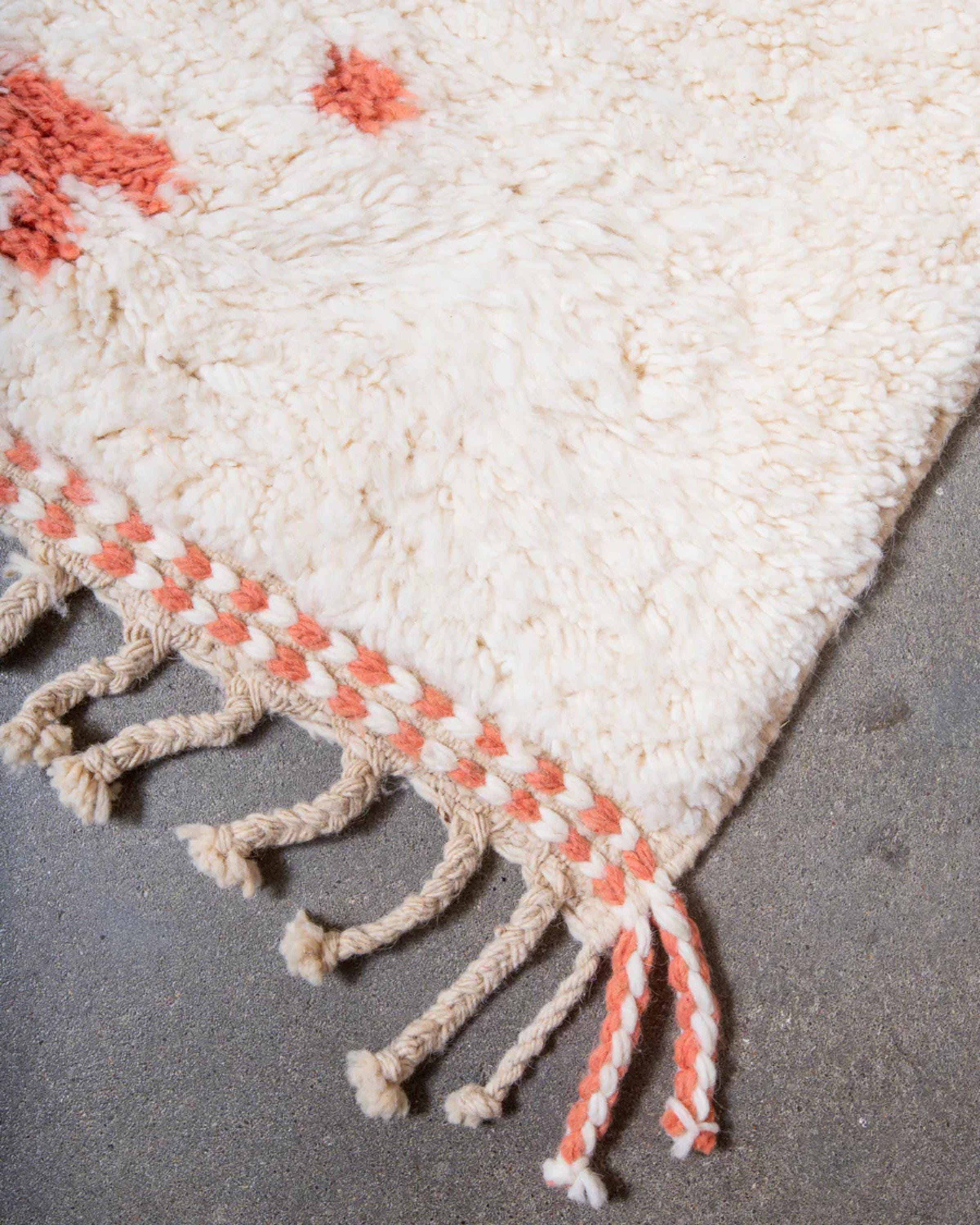 Handmade Orange & White Wool Rug: Shaggy Moroccan Beni Ourain Carpet