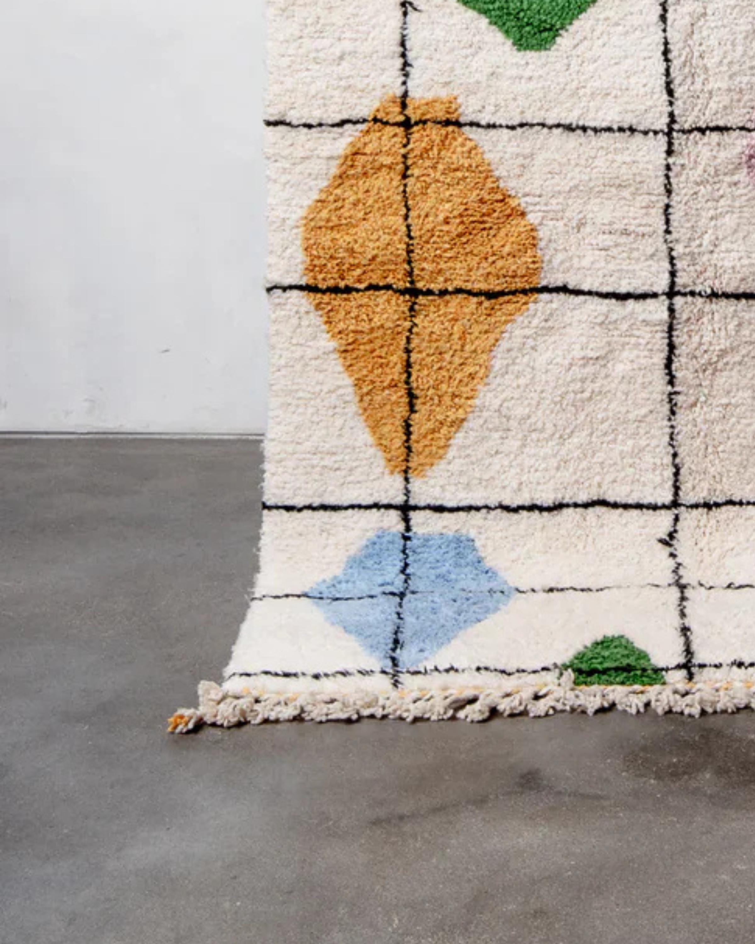 Handmade Black Grid Moroccan Rug: Creamy Wool Beni Ourain Style