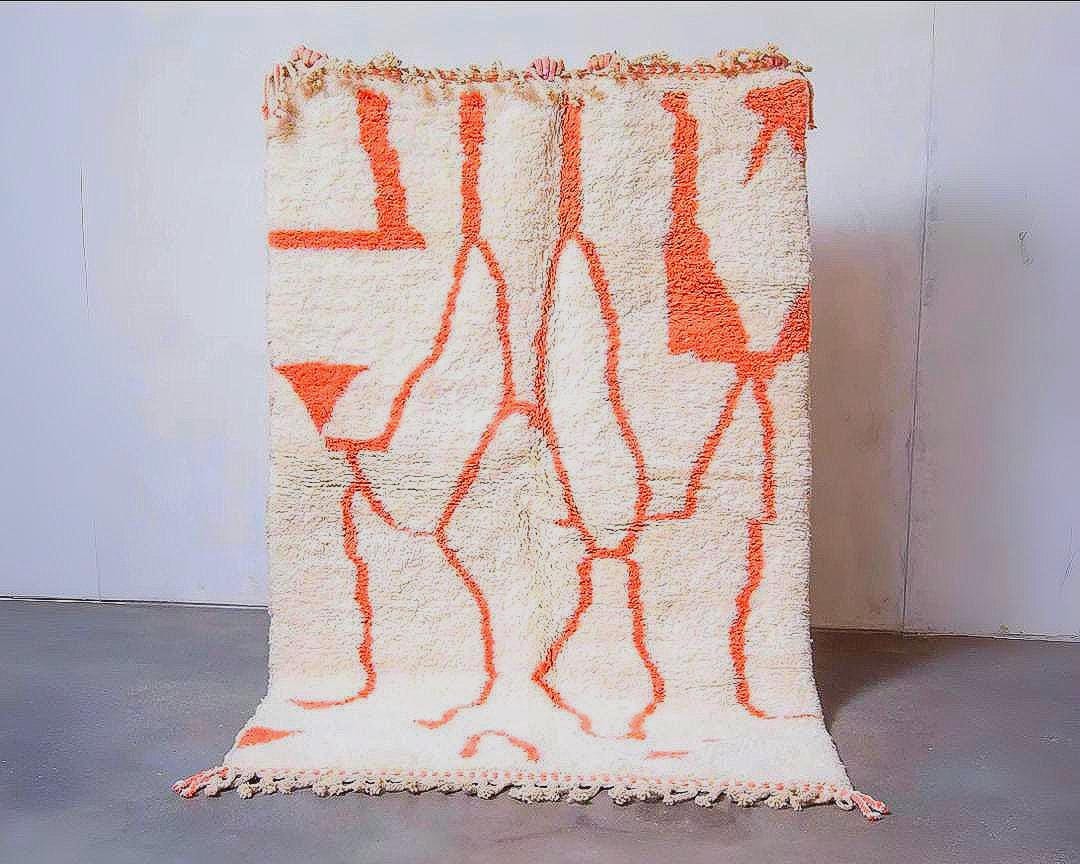 Handmade Orange & White Wool Rug: Shaggy Moroccan Beni Ourain Carpet