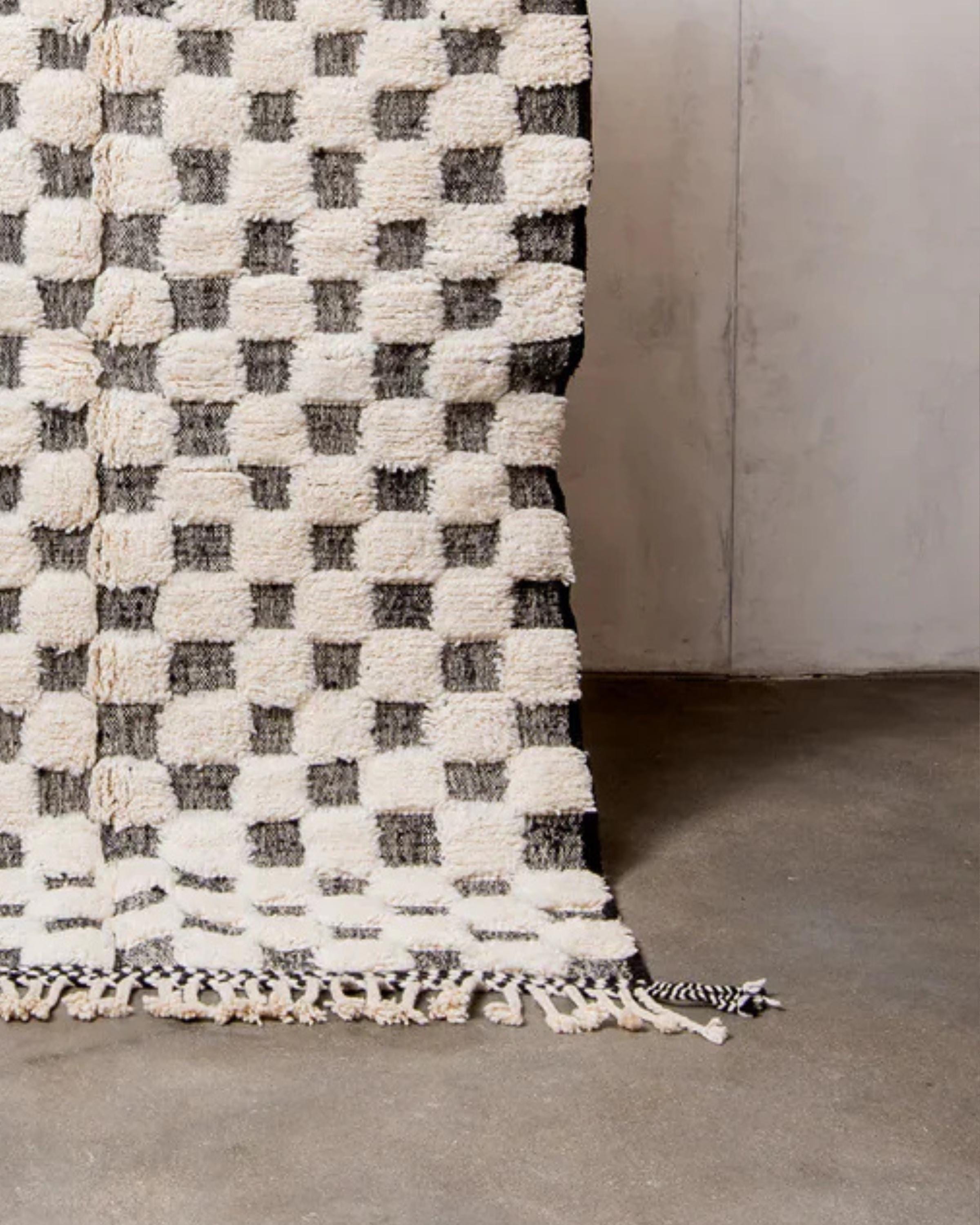 Handwoven Wool Checkered Rug: Moroccan Berber Design