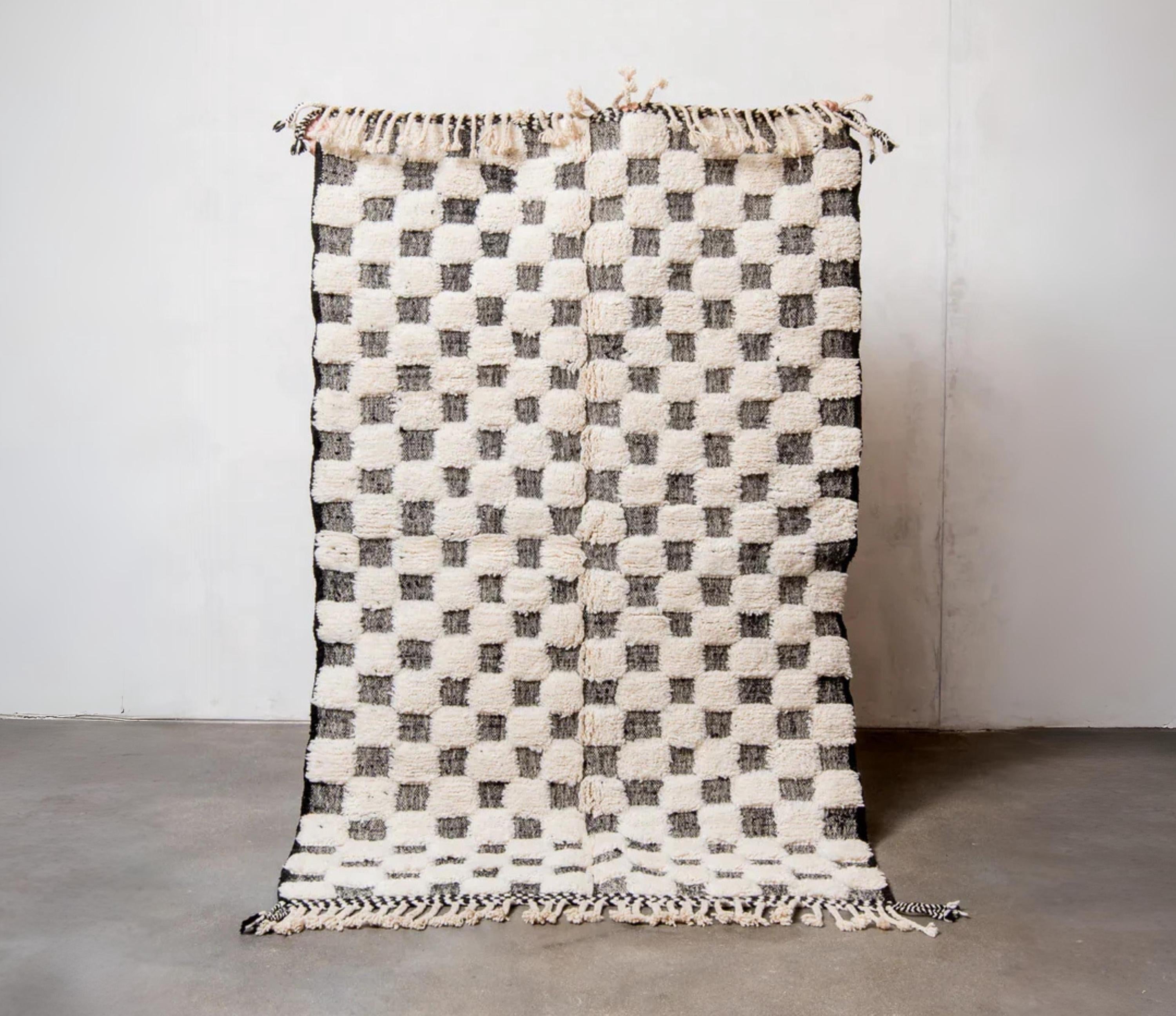 Handwoven Wool Checkered Rug: Moroccan Berber Design