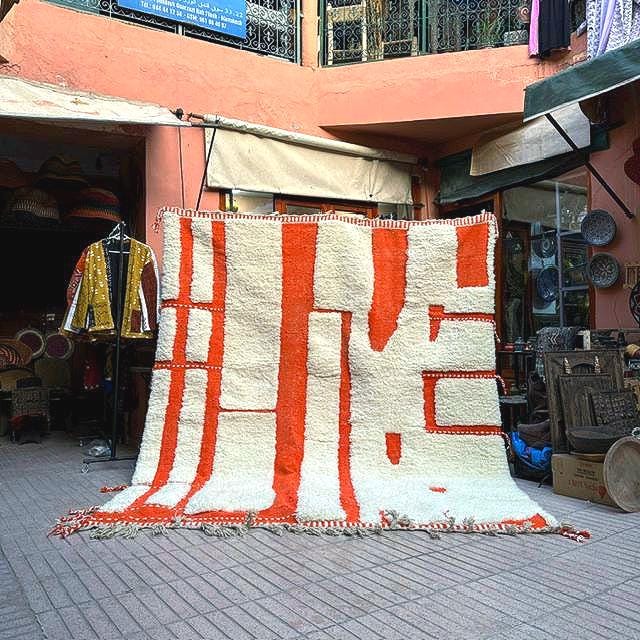 Custom Orange and White Beni Ourain Rug: Handwoven Moroccan Wool