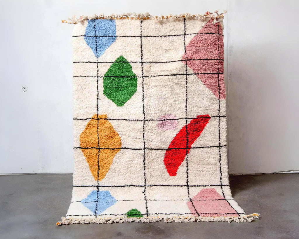 Handmade Black Grid Moroccan Rug: Creamy Wool Beni Ourain Style