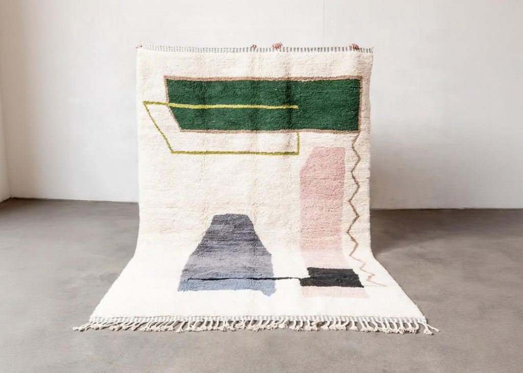 Handmade Green Wool Moroccan Rug: Berber Design, Custom 10x14