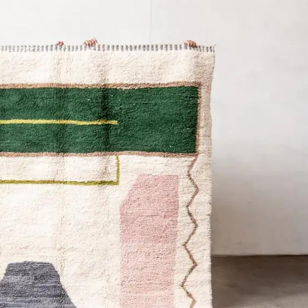 Handmade Green Wool Moroccan Rug: Berber Design, Custom 10x14