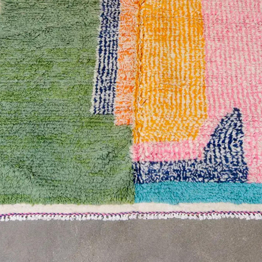 Handmade Boujad Berber Rug: Pink & Green Moroccan Wool Rug (10x14 ft.)