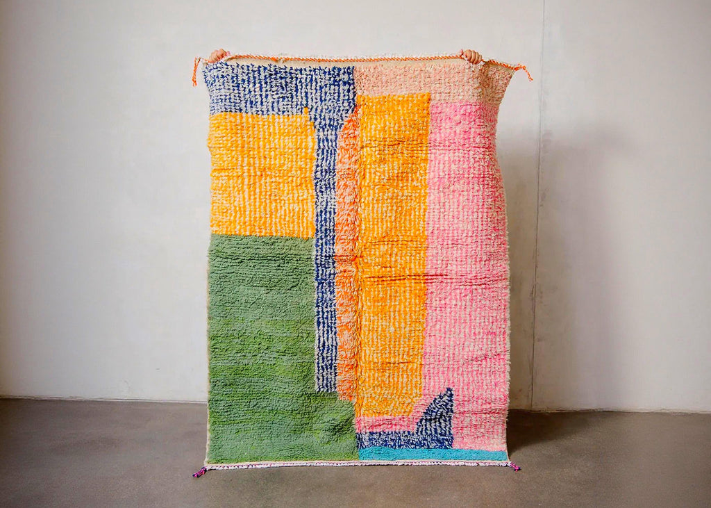 Handmade Boujad Berber Rug: Pink & Green Moroccan Wool Rug (10x14 ft.)
