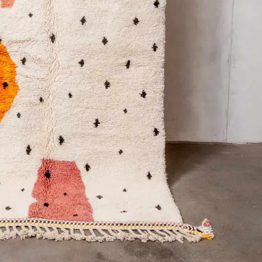 Handwoven White & Orange Moroccan Rug: Berber Wool Carpet