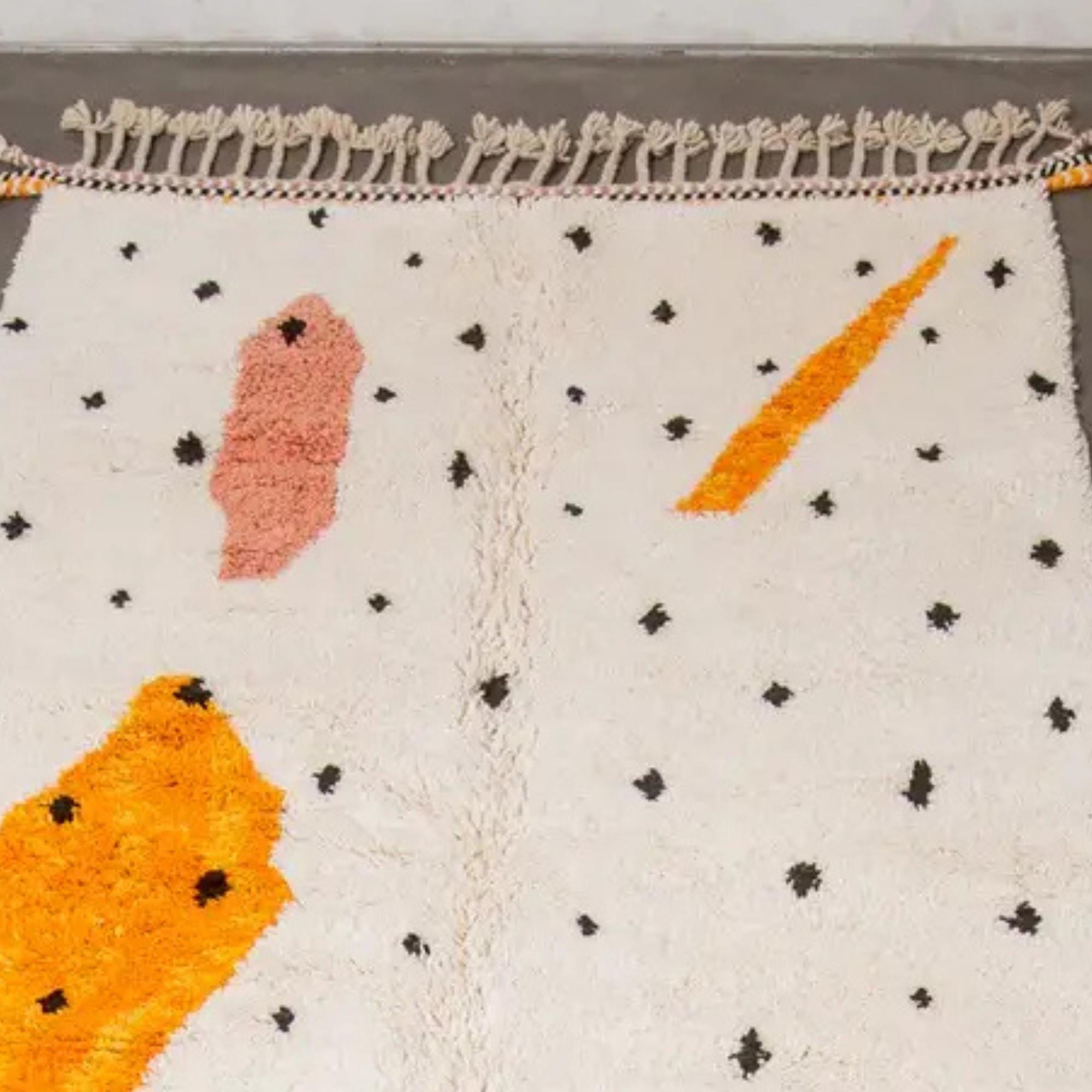 Handwoven White & Orange Moroccan Rug: Berber Wool Carpet