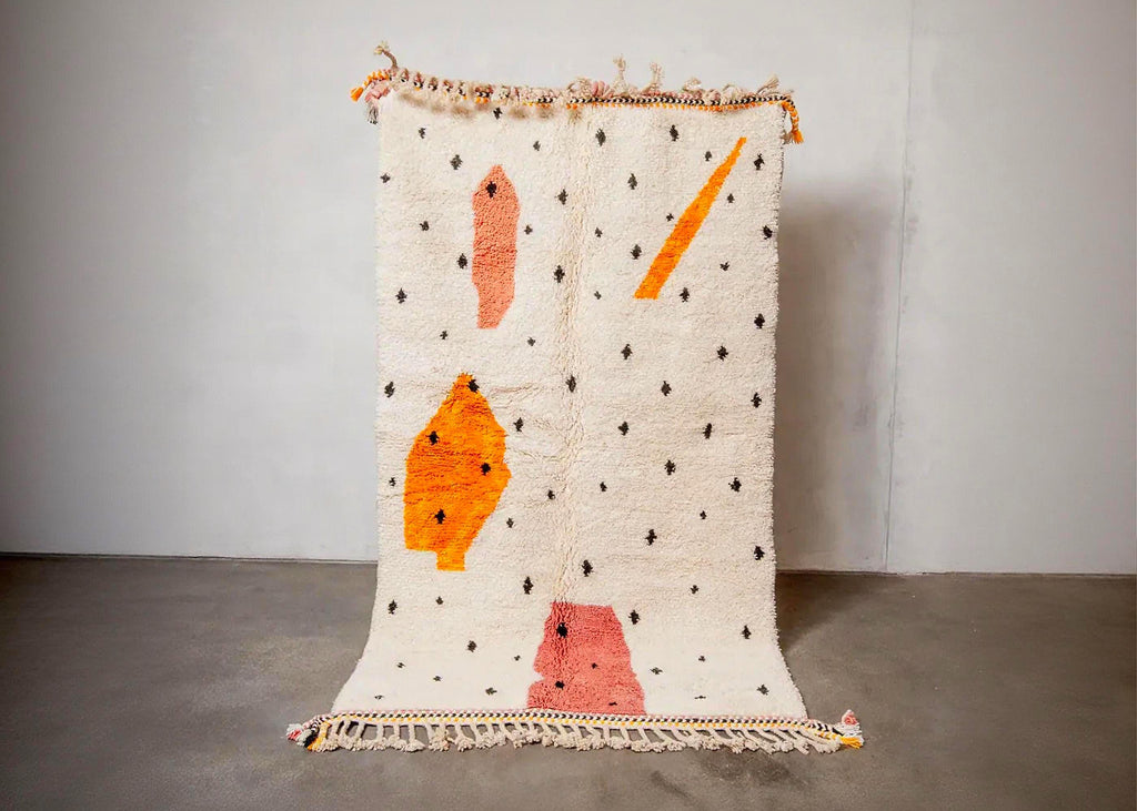 Handwoven White & Orange Moroccan Rug: Berber Wool Carpet