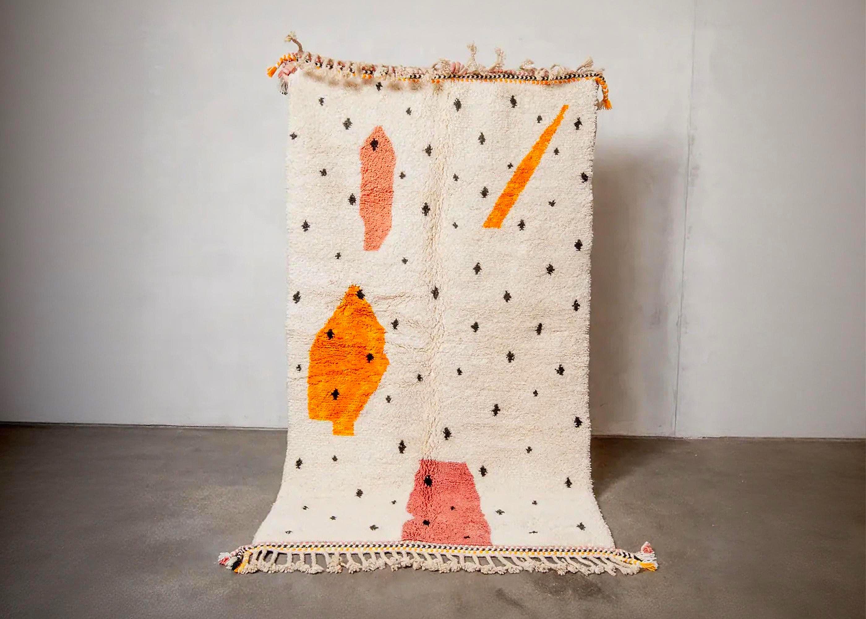 Handwoven White & Orange Moroccan Rug: Berber Wool Carpet