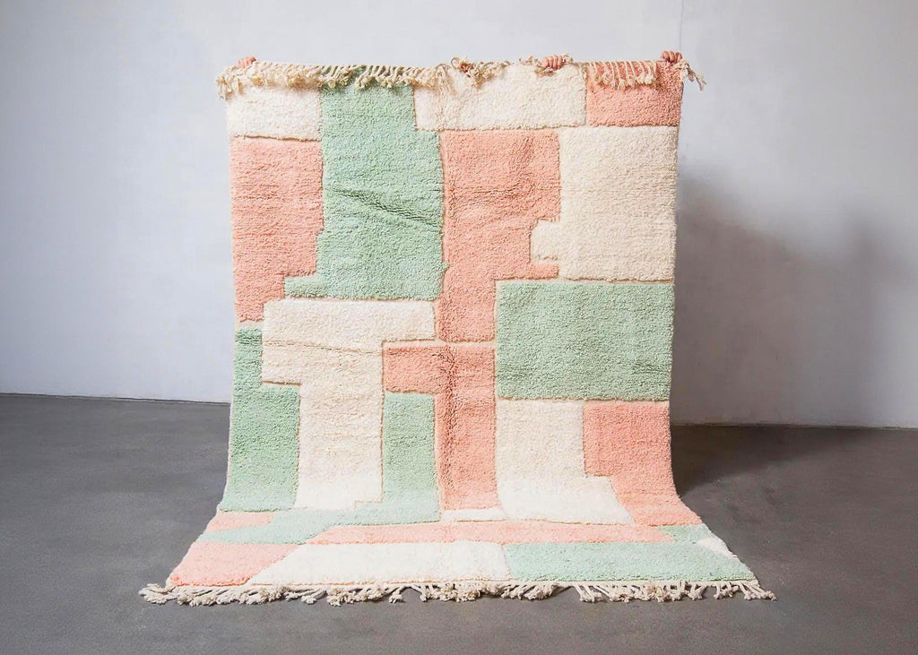 Handmade Beni Ourain Wool Rug (8x10): Green & Pink Berber Shag