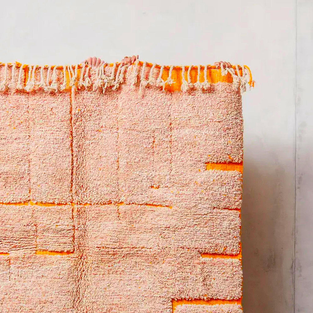 Handmade Pink Moroccan Rug Berber Wool Grid Design, Boho Decor