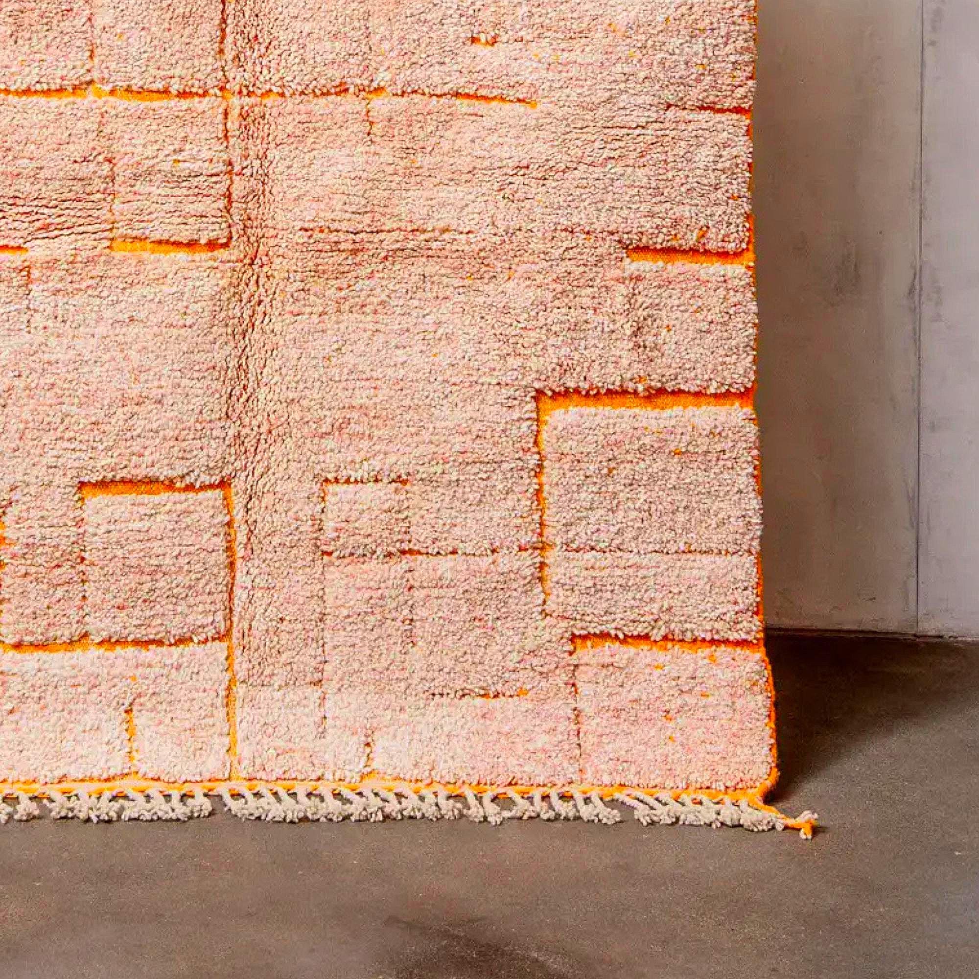 Handmade Pink Moroccan Rug Berber Wool Grid Design, Boho Decor