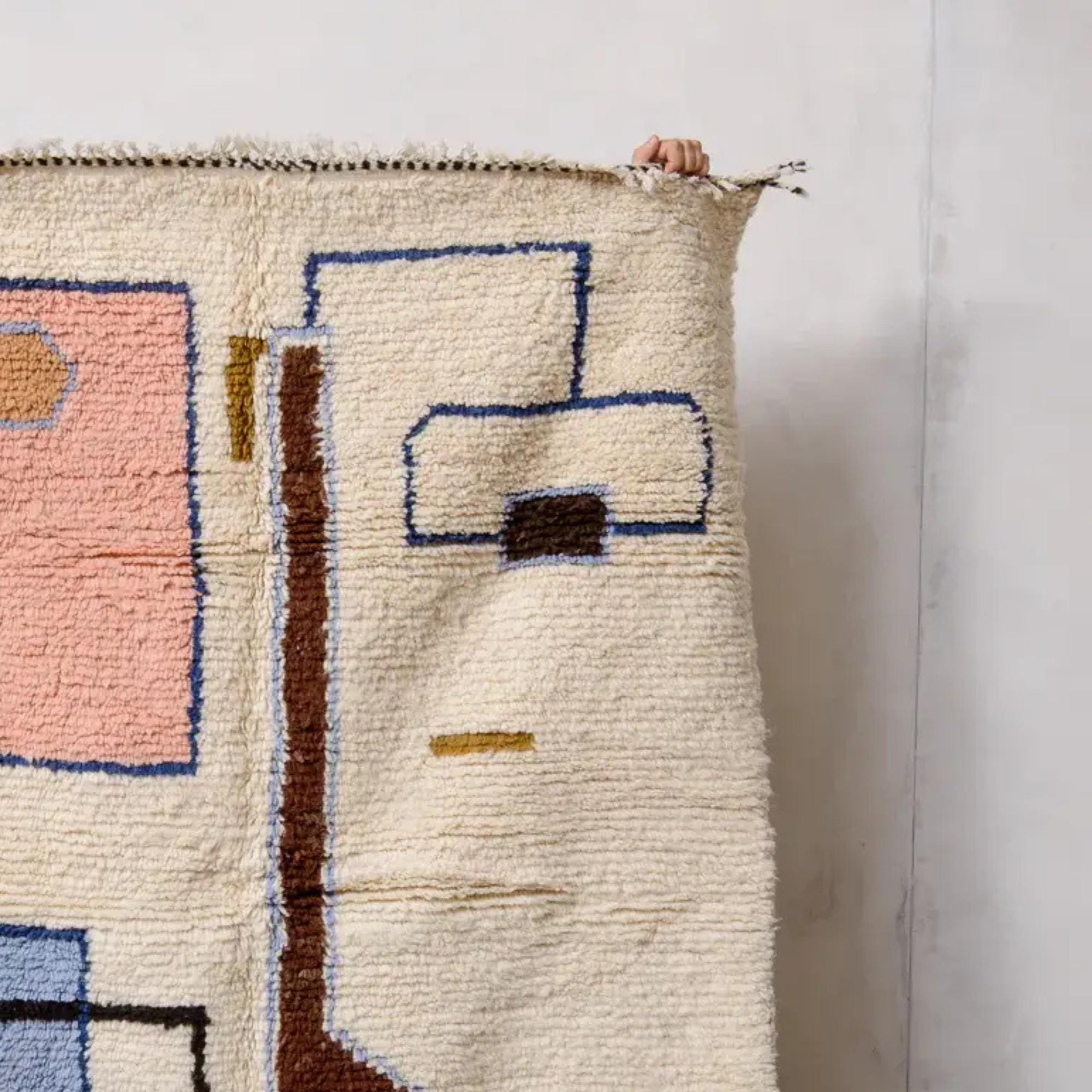 Handmade Wool Berber Rug: Large Moroccan Grid Design