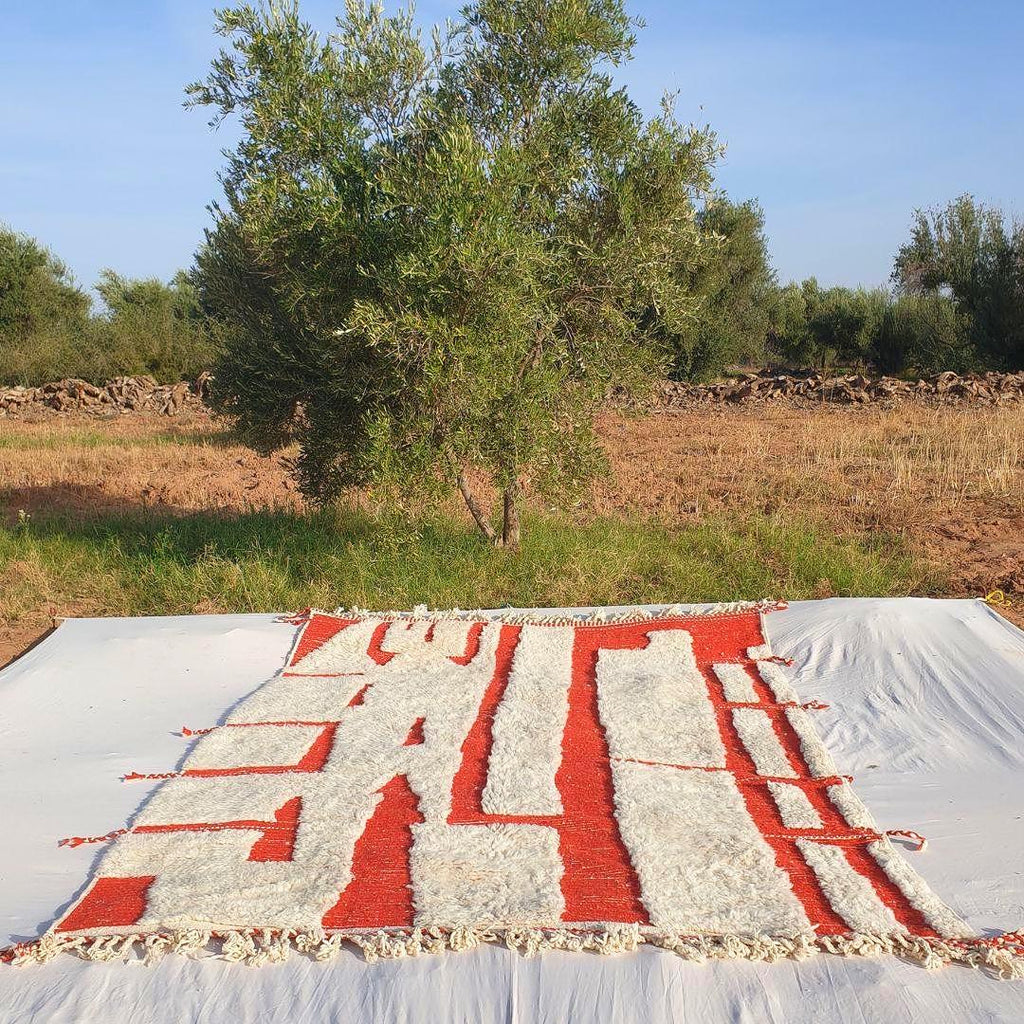 Hand Tufted Moroccan Rug: Orange & White Bohemian Berber Rug