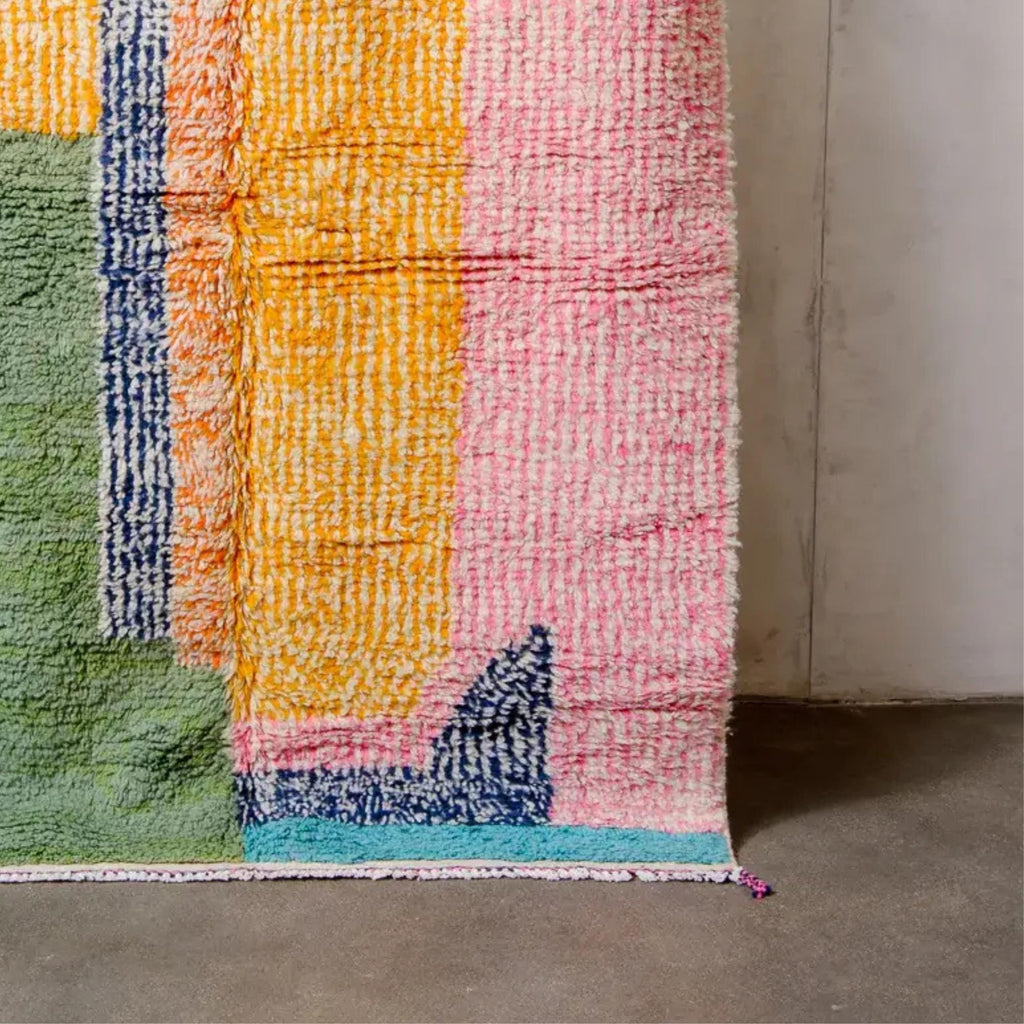 Handmade Boujad Berber Rug: Pink & Green Moroccan Wool Rug (10x14 ft.)