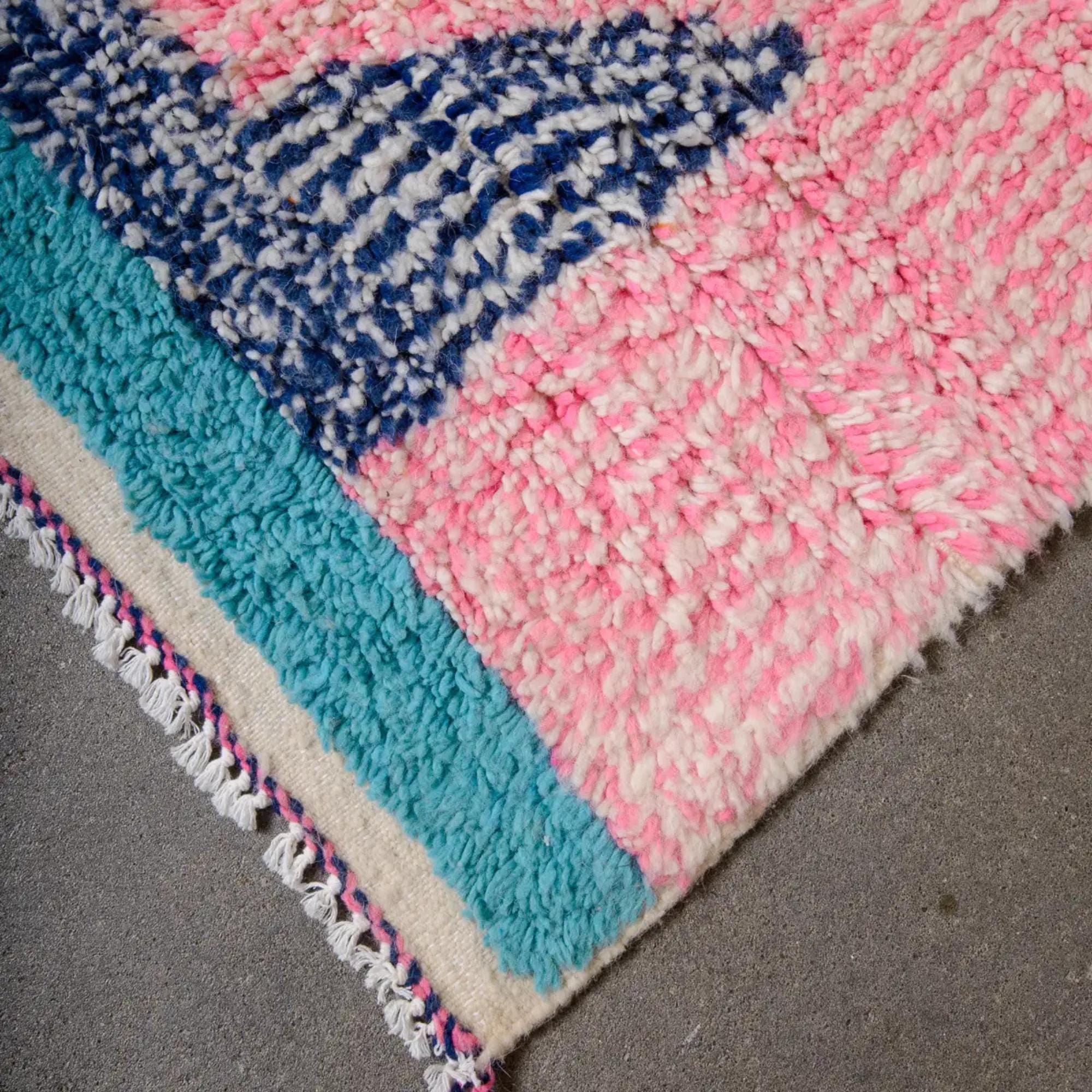 Handmade Boujad Berber Rug: Pink & Green Moroccan Wool Rug (10x14 ft.)
