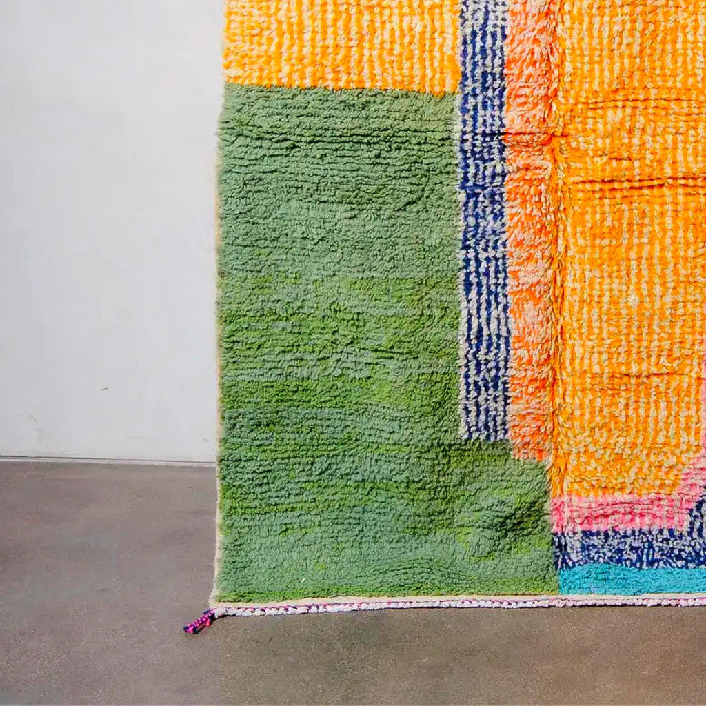 Handmade Boujad Berber Rug: Pink & Green Moroccan Wool Rug (10x14 ft.)