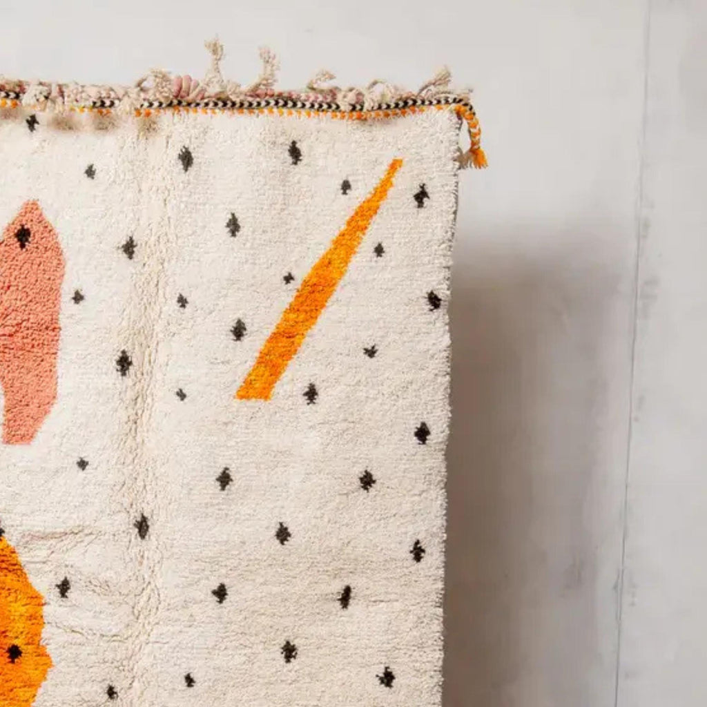 Handwoven White & Orange Moroccan Rug: Berber Wool Carpet