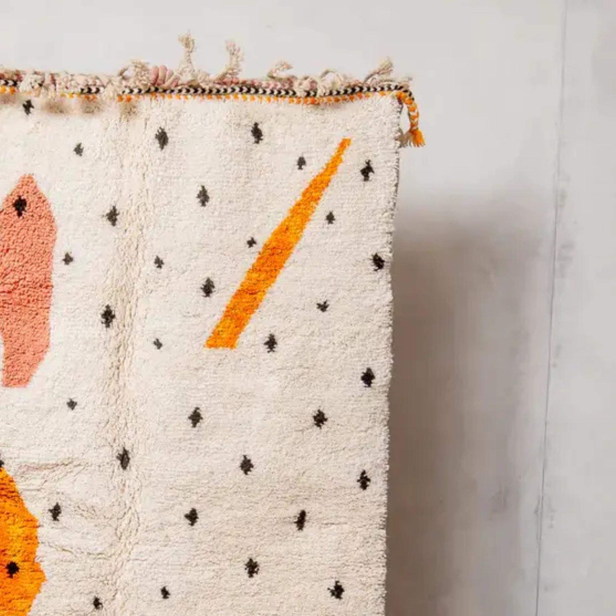 Handwoven White & Orange Moroccan Rug: Berber Wool Carpet