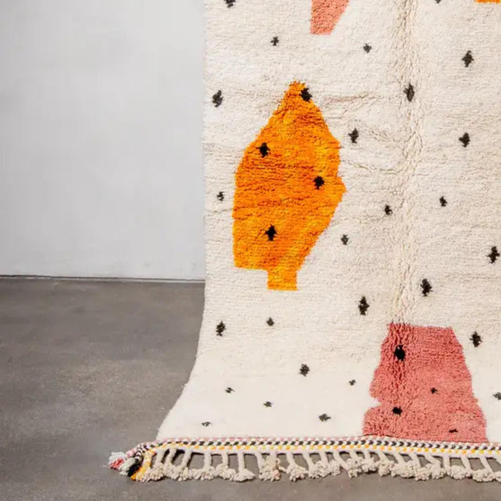 Handwoven White & Orange Moroccan Rug: Berber Wool Carpet