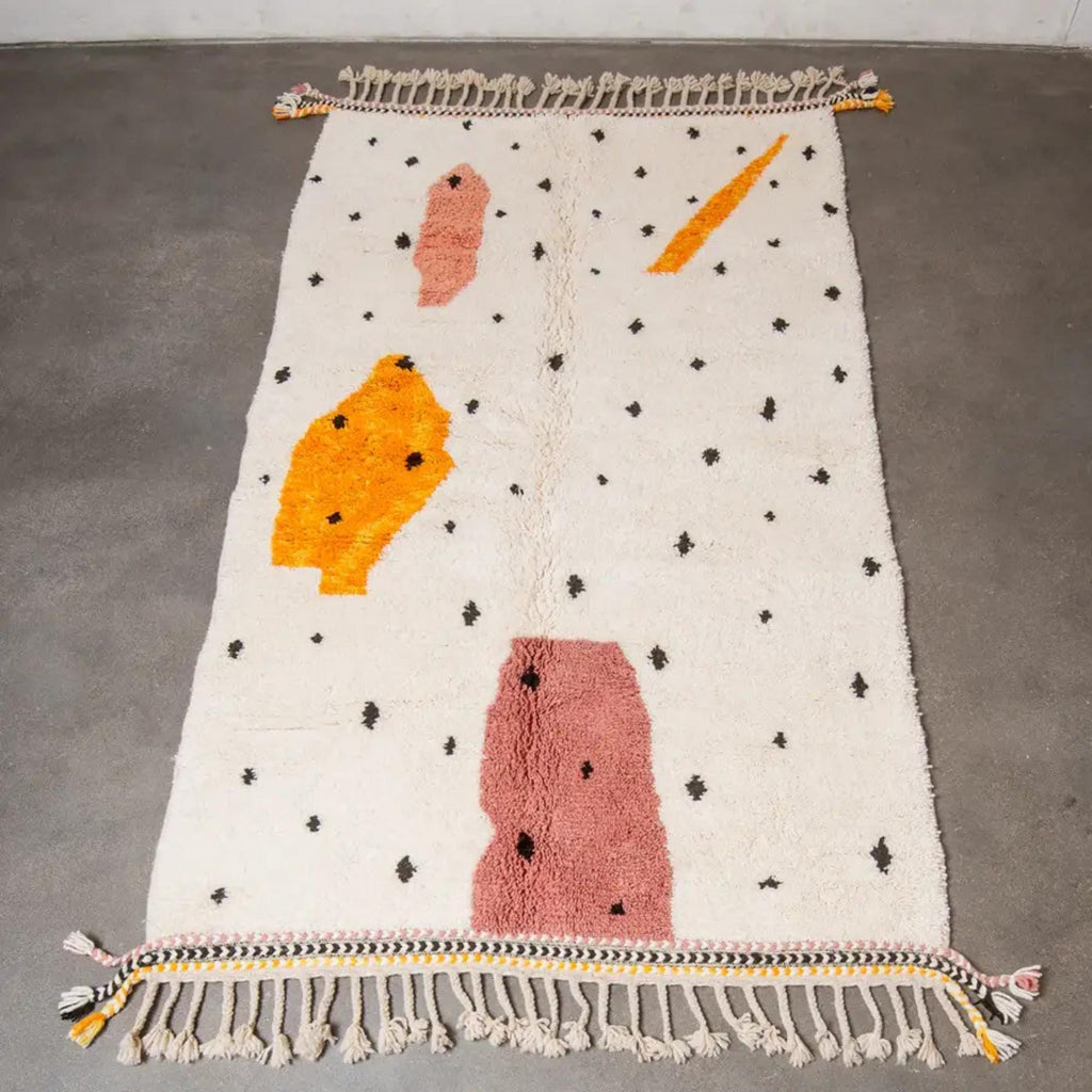 Handwoven White & Orange Moroccan Rug: Berber Wool Carpet