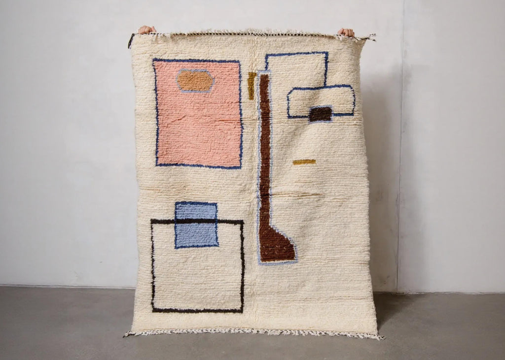 Handmade Wool Berber Rug: Large Moroccan Grid Design