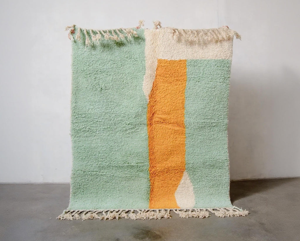 Handmade Beni Ourain Moroccan Rug: Orange & Green Berber Wool