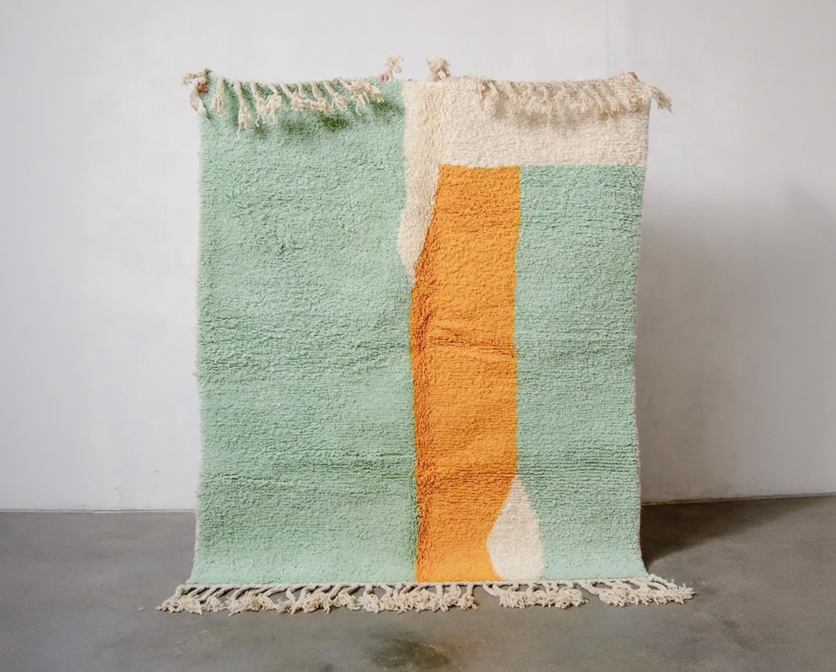 Handmade Beni Ourain Moroccan Rug: Orange & Green Berber Wool