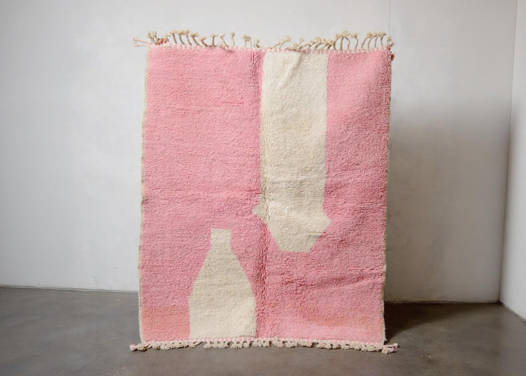 Handmade Pink Argyle Moroccan Rug: Berber Wool Beni Ourain Carpet