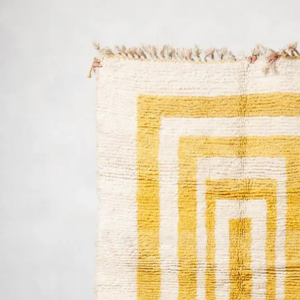 Hand Knotted Yellow Moroccan Rug: Beni Ourain Wool Carpet