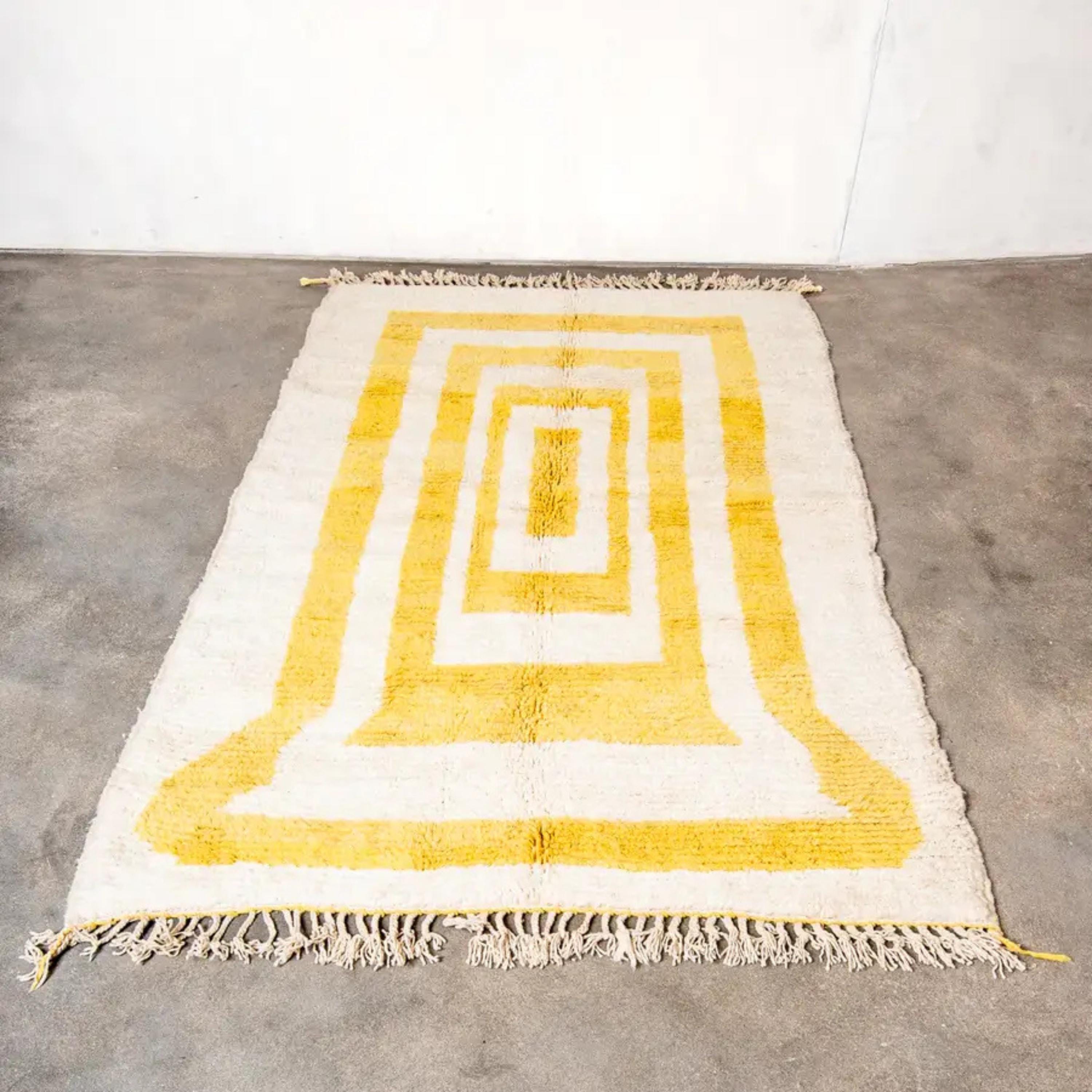 Hand Knotted Yellow Moroccan Rug: Beni Ourain Wool Carpet