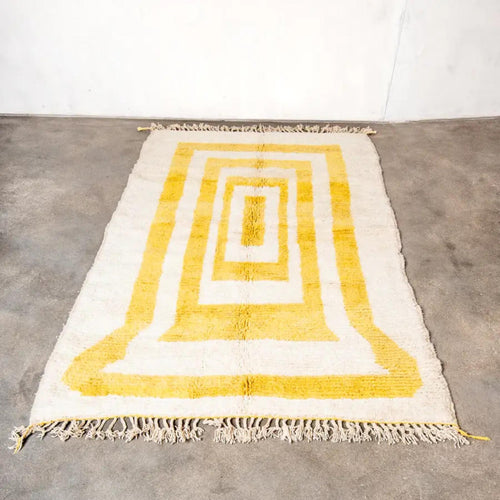 Hand Knotted Yellow Moroccan Rug: Beni Ourain Wool Carpet