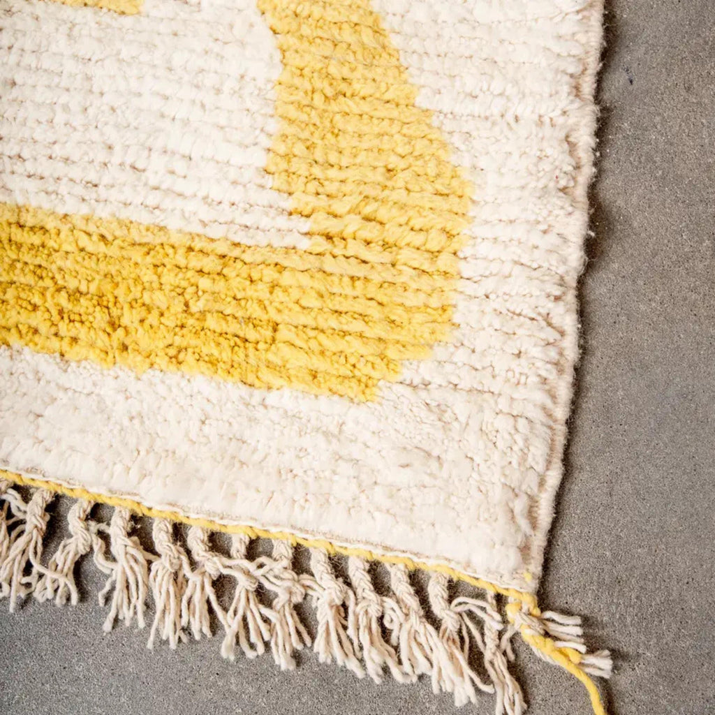 Hand Knotted Yellow Moroccan Rug: Beni Ourain Wool Carpet