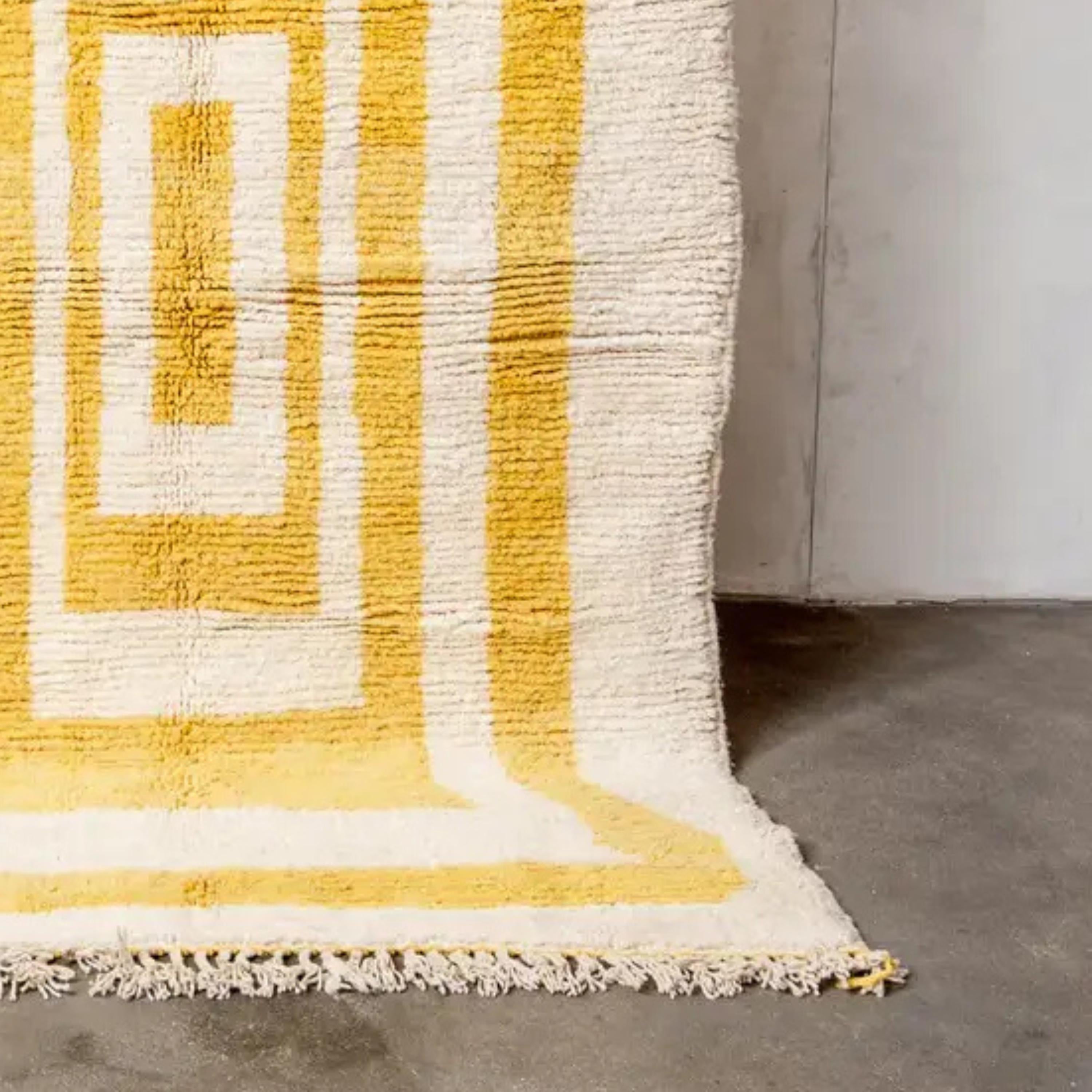 Hand Knotted Yellow Moroccan Rug: Beni Ourain Wool Carpet