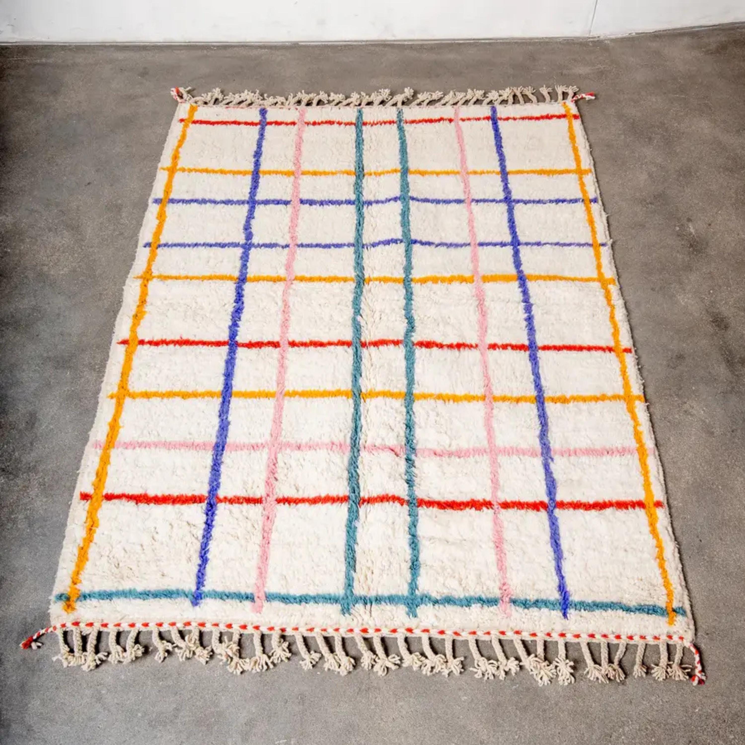 Handwoven Wool Moroccan Kilim Rug: Colorful Lines, Berber Design